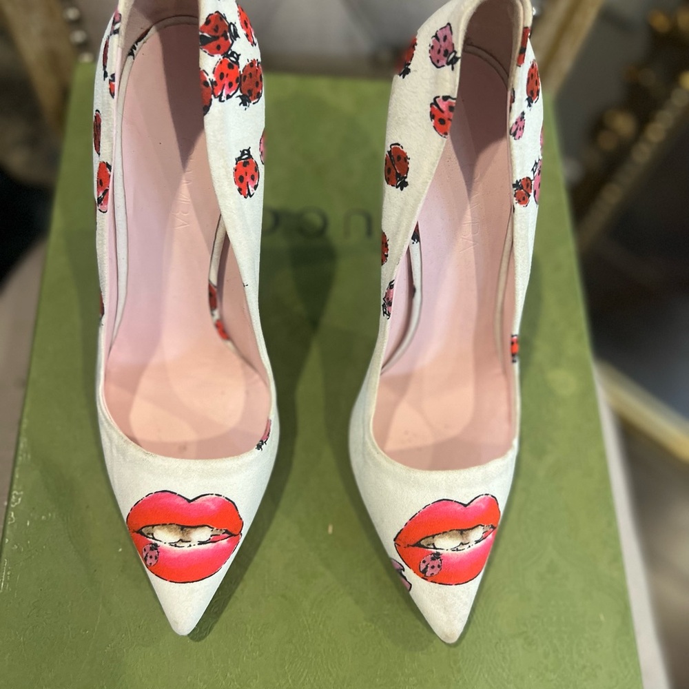 White Heels with Ladybug and Lips Design